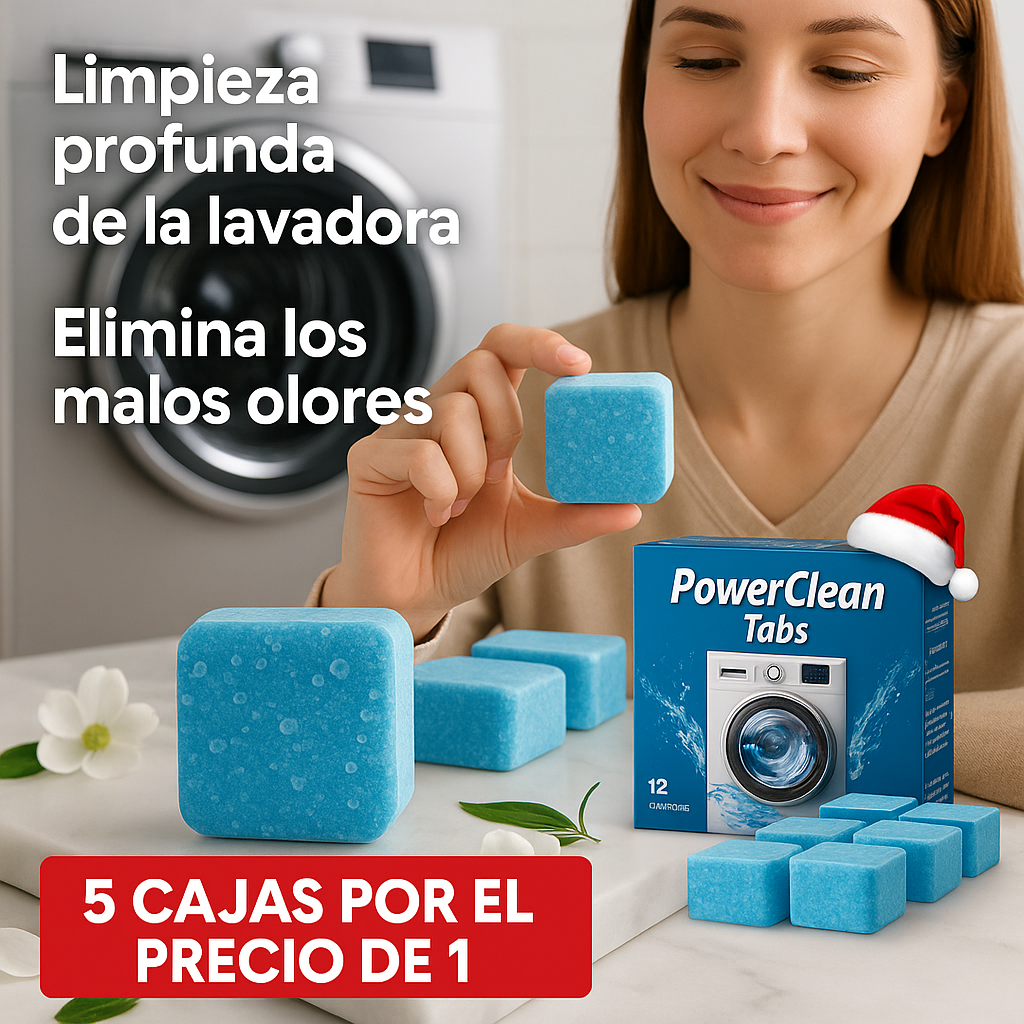 Kit 5 Cajas PowerClean Tabs – Pastillas Efervescentes – Lavadora Limpia y Sin Olores