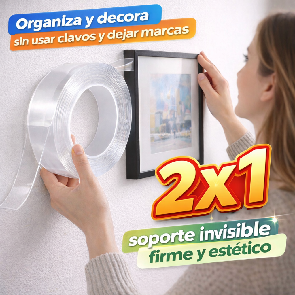 Cinta Doble Contacto Invisible – Sujeción Fuerte – Mantén tus espacios ordenados sin clavos ni residuos