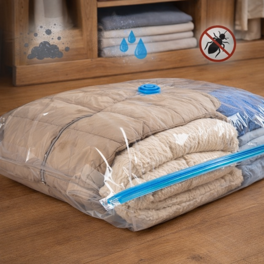 4X1 Bolsa Compresora de Ropa al Vacío – Optimiza Espacio – Ropa Ordenada y Protegida al Guardar